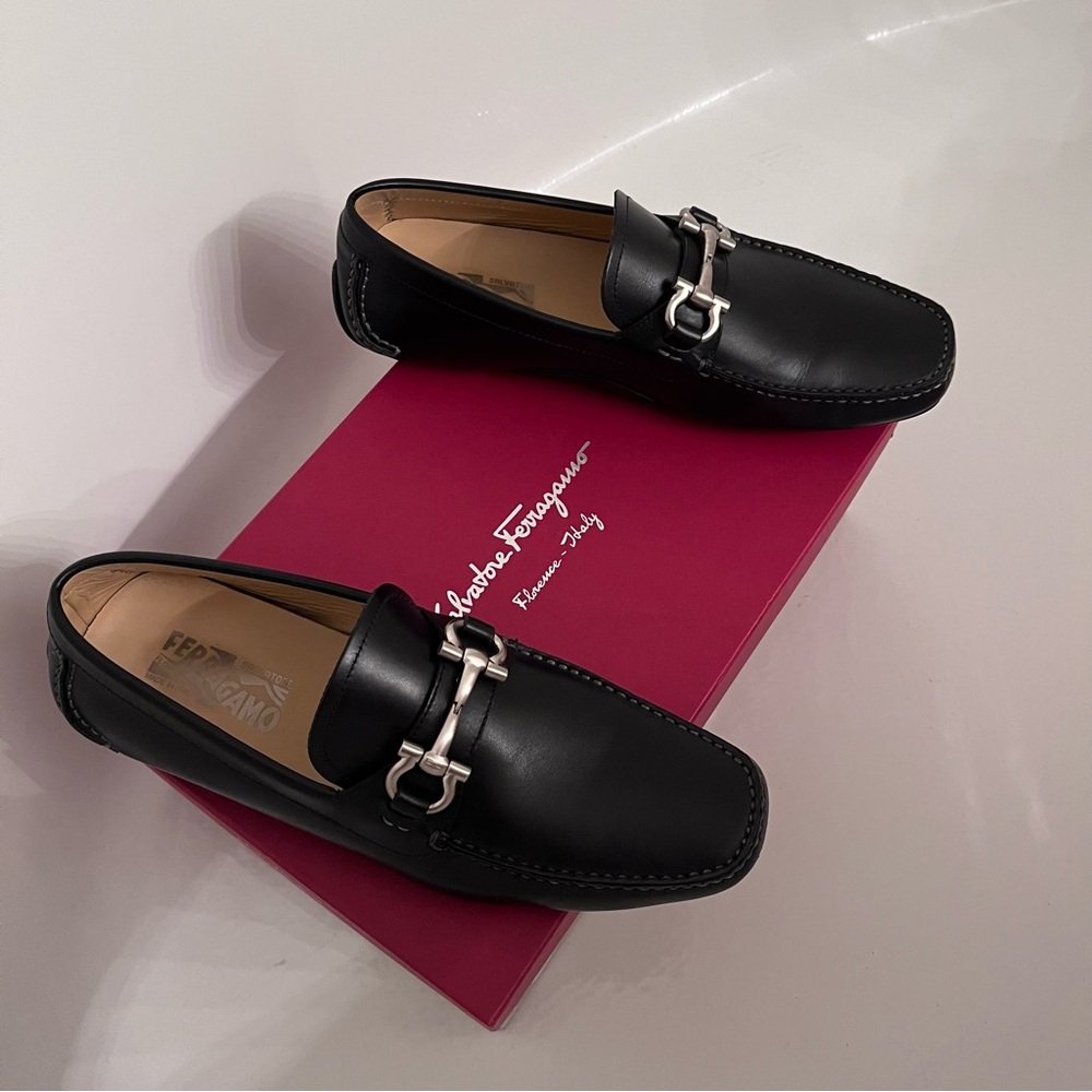 Salvatore Ferragamo Black Leather Loafers with Silver Accent